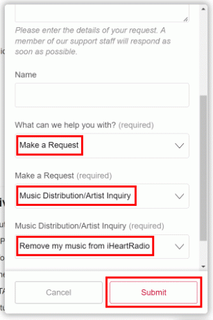 motivo para fazer uma solicitação - Distribuição de música ou consulta de artista - Remova minha música do iHeartRadio e clique na opção Enviar