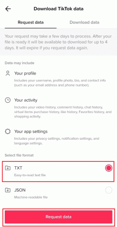Valitse TXT-tiedostomuoto ja napauta Pyydä tietoja