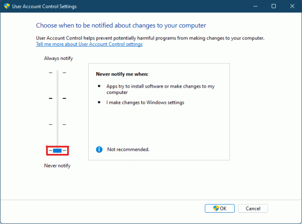 verplaats de schuifregelaar naar het onderste niveau om Gebruikersaccountbeheer UAC Windows 11 in of uit te schakelen