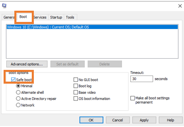 Skirtuke Boot pasirinkite Safe boot ir spustelėkite OK. | „Windows“ negali rasti „Bin64“.