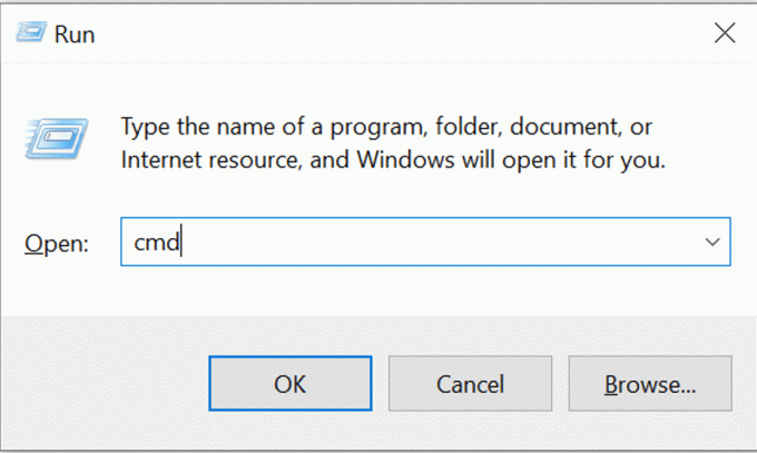 . กด Windows + R เพื่อเปิดกล่องโต้ตอบเรียกใช้ พิมพ์ cmd แล้วคลิก run ตอนนี้พรอมต์คำสั่งจะเปิดขึ้น