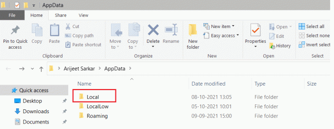 Windows appdata 폴더에서 로컬 폴더를 선택합니다.
