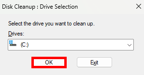Виберіть диск C: (зазвичай Windows) і натисніть OK