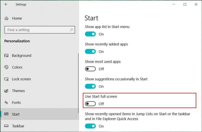 Απενεργοποιήστε την εναλλαγή για την επιλογή Χρήση Έναρξη πλήρους οθόνης | Διορθώστε το εικονίδιο της επιφάνειας εργασίας που λείπει στα Windows 10