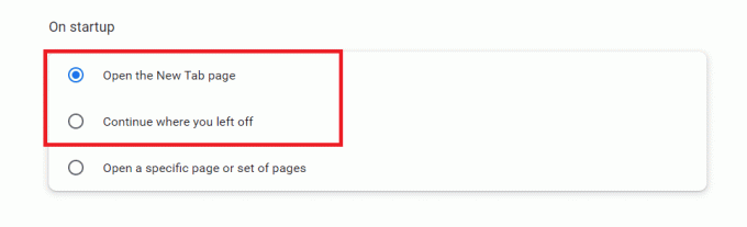 غيّر الخيار من " متابعة" من حيث توقفت إلى " فتح صفحة علامة تبويب جديدة" بعد وصولك. كيفية إصلاح Google Chrome يفتح تلقائيًا