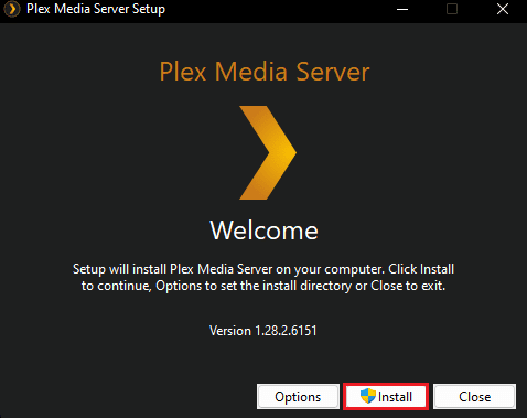noklikšķiniet uz instalēt plex multivides servera iestatīšanu