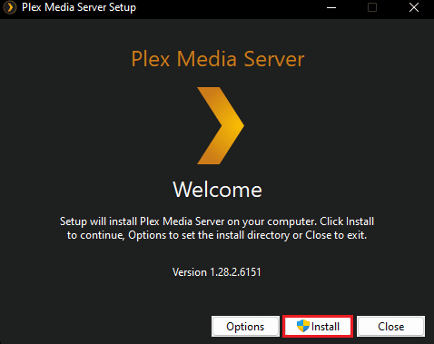 spustelėkite įdiegti plex media serverio sąranką