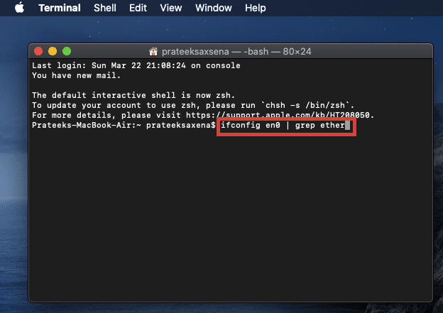 Skriv inn kommandoen " ifconfig en0 | grep ether" (uten anførselstegn) for å endre MAC-adressen.