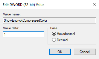 ShowEncryptCompressedColor değerini 1 olarak değiştirin | Windows 10'da Sıkıştırılmış veya Şifrelenmiş dosya adlarını renkli olarak göster