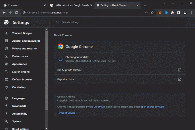 Chrome автоматично перевірить наявність оновлень і запропонує встановити їх, якщо вони доступні | Виправте код помилки Netflix d7353-5102-6