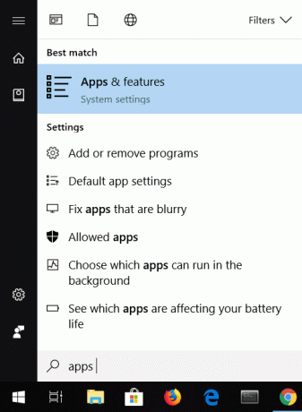 Skriv inn apper og funksjoner i Windows Search | Reparer kalkulatoren som ikke fungerer i Windows 10