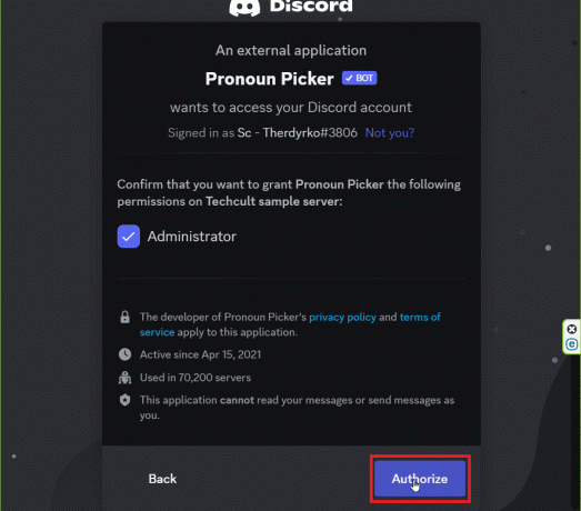 Faceți clic pe Autorizare | cum să adăugați Roluri de pronume la Discord