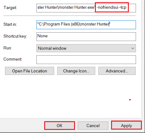 faceți clic dreapta pe comanda rapidă de pe desktop Monster Hunter și selectați fila de comandă rapidă și adăugați parametrul în țintă, apoi faceți clic pe Aplicați apoi, OK pentru a salva modificările