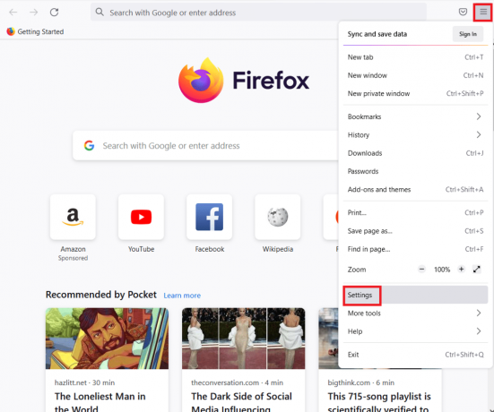 Klicken Sie in der Liste auf die Option Einstellungen. Fix Firefox PR END OF FILE ERROR in Windows 10