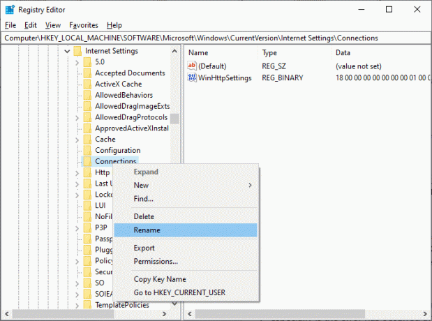 रजिस्ट्री संपादक में कनेक्शन फ़ोल्डर का नाम बदलें। Microsoft Edge में INET E सुरक्षा समस्या को ठीक करें