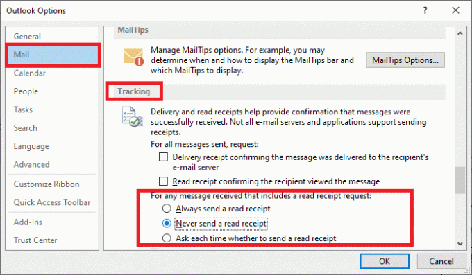 Om du alltid vill skicka ett läskvitto Outlook kan du klicka på den första rutan. Du kan instruera Outlook att först be dig om tillåtelse att skicka ett läskvitto genom att klicka på den tredje rutan. Om du inte vill skicka ett läskvitto kan du klicka på den andra rutan som visas nedan.