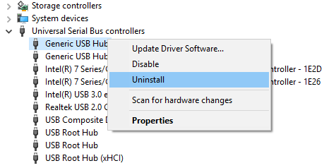 Išplėskite Universal Serial Bus valdiklius, tada pašalinkite visus USB valdiklius