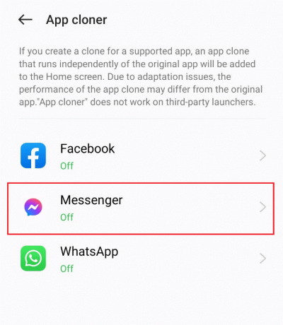 Επιλογή της εφαρμογής Messenger που πρόκειται να κλωνοποιηθεί