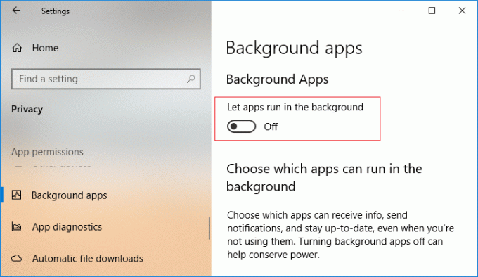 Деактивирайте превключвателя до Позволете на приложенията да работят във фонов режим | Как да деактивирате фоновите приложения в Windows 10