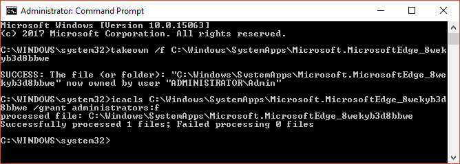 Prendi l'autorizzazione della cartella Microsoft Edge utilizzando il comando takeown e icacls in cmd
