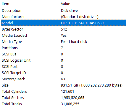 Detalhes do disco rígido, incluindo seu número de modelo no painel direito