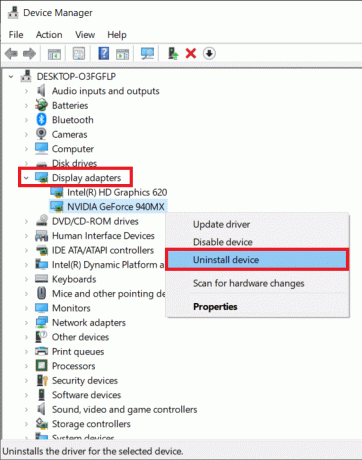 לחץ לחיצה ימנית על כרטיס המסך של Nvidia ובחר הסר התקן | תקן שגיאת GeForce Experience 0x0003