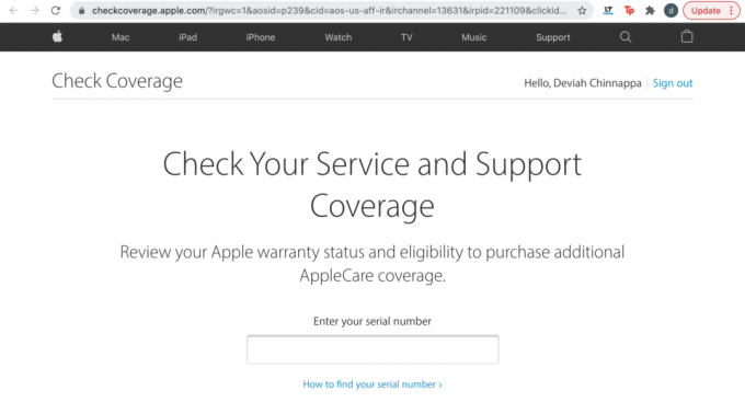 Geben Sie die Seriennummer des Apple-Geräts ein. Apple Service- und Supportabdeckung