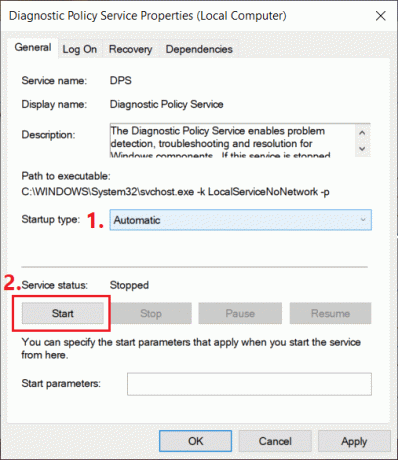 En el menú desplegable Tipo de inicio, seleccione Automático para el Servicio de política de diagnóstico