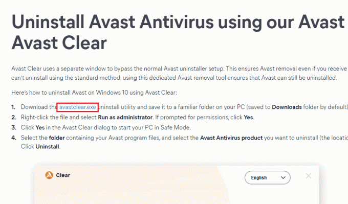 Besuchen Sie die offizielle Deinstallations-Website von Avast und klicken Sie dann auf avastclear.exe, um das Avast-Deinstallationsprogramm zu erhalten