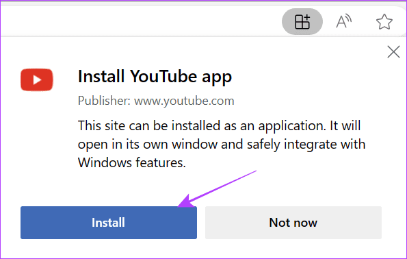 Välj Installera för att lägga till webbappar med Edge