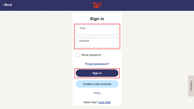 Página de login da Walgreens - e-mail e senha da conta e clique em Entrar