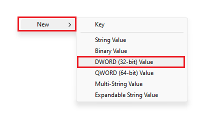 Nouvel éditeur de registre de valeurs DWORD 32 bits