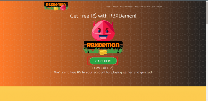 Öffnen Sie die offizielle Website von RBX Demon in Ihrem Chrome-Browser und klicken Sie auf HIER STARTEN