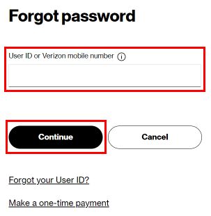 Įveskite savo vartotojo ID arba 10 skaitmenų Verizon mobiliojo telefono numerį, tada spustelėkite mygtuką Tęsti.