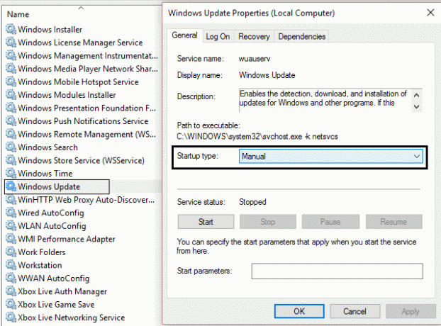 aseta Windows Updaten käynnistystyypiksi manuaalinen
