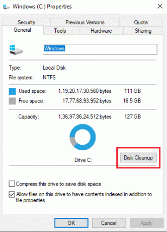 Az Általános lapon kattintson a Lemezkarbantartás | elemre 10 módszer a merevlemez-terület felszabadítására Windows 10 rendszeren