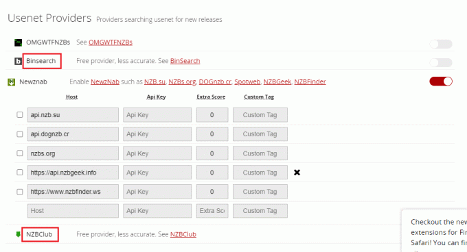 Uključite opcije NZBClub i Binsearch