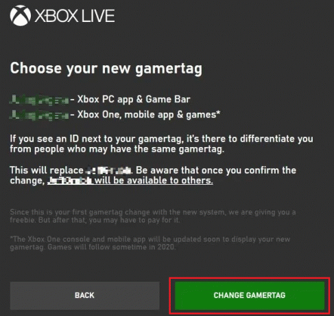 Wybierz swój nowy tag gracza Xbox wybierz-CHANGE-GAMERTAG lub Wstecz