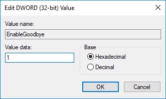 Módosítsa az EnableGoodbye értékét 1-re a Dynamic Lock engedélyezése érdekében