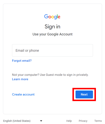 Google のメール アドレスを入力し、[次へ] ボタンをクリックします。