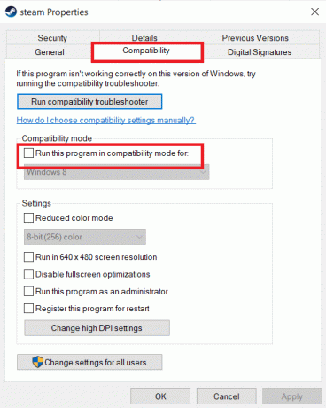 Steam ypatybėse pasirinkite skirtuką Suderinamumas ir pažymėkite parinktį Vykdyti šią programą suderinamumo režimu. Pataisyti Steam yra lėtas