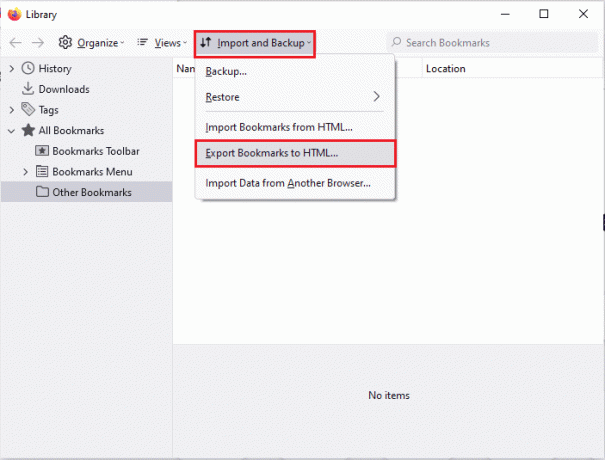 klik op de optie Bladwijzers exporteren naar HTML. Fix Firefox PR EINDE VAN BESTAND FOUT in Windows 10