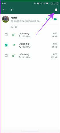 WhatApp skambučių istorijos elementai Ištrinkite Android