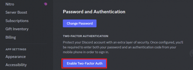 Klicken Sie nun auf Zwei-Faktor-Authentifizierung aktivieren | Discord 2fa funktioniert nicht