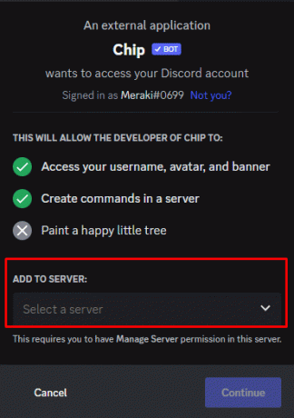 Pasirinkite serverį. Atminkite, kad Chip negali būti pridėtas arba prijungtas prie jūsų serverio be leidimo. | Kaip naudoti „Chip Bot“ sistemoje „Discord“.