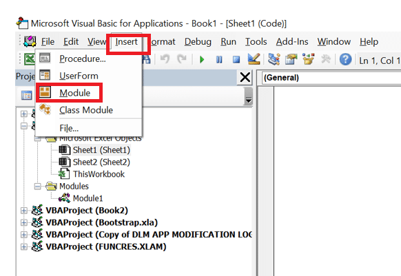 Klikněte na vložit a poté na modul | jak rozdělit list Excel do více listů bez VBA