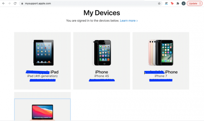 Lista urządzeń Apple zarejestrowanych pod tym samym identyfikatorem Apple ID, na którym się zalogowałeś