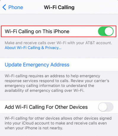 Включете превключвателя за опцията Wi-Fi разговори на този iPhone