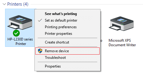 Kattintson a jobb gombbal a nyomtatóra, és válassza az Eszköz eltávolítása lehetőséget