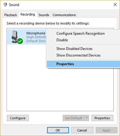 fare clic con il tasto destro del mouse sul microfono predefinito e selezionare Proprietà